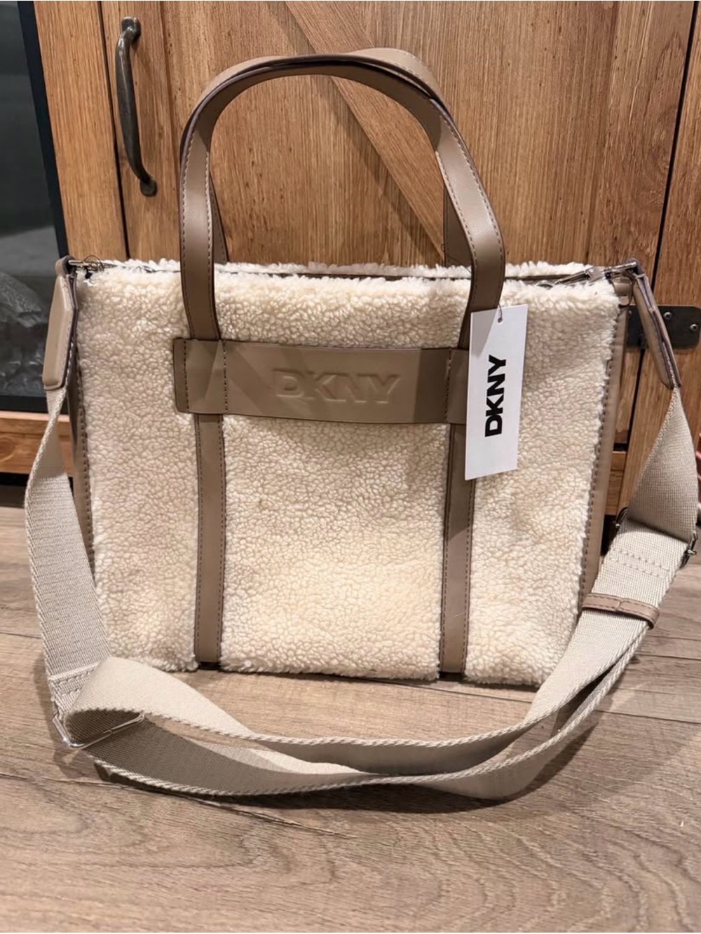DKNY Cream Sherpa Tote with Taupe Trim and Adjustable Strap